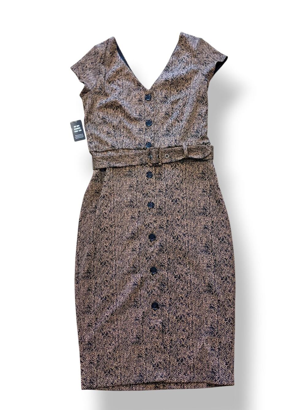 Express Brown Black Herringbone Belted Sheath Dress Size M NWT Dark Academia